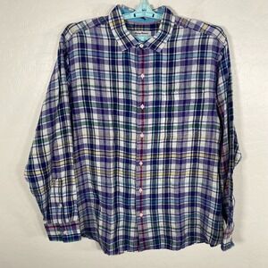 Tommy Bahama Shirt Mens XL Blue Linen Button Up Hawaiian Island Tropics Plaid